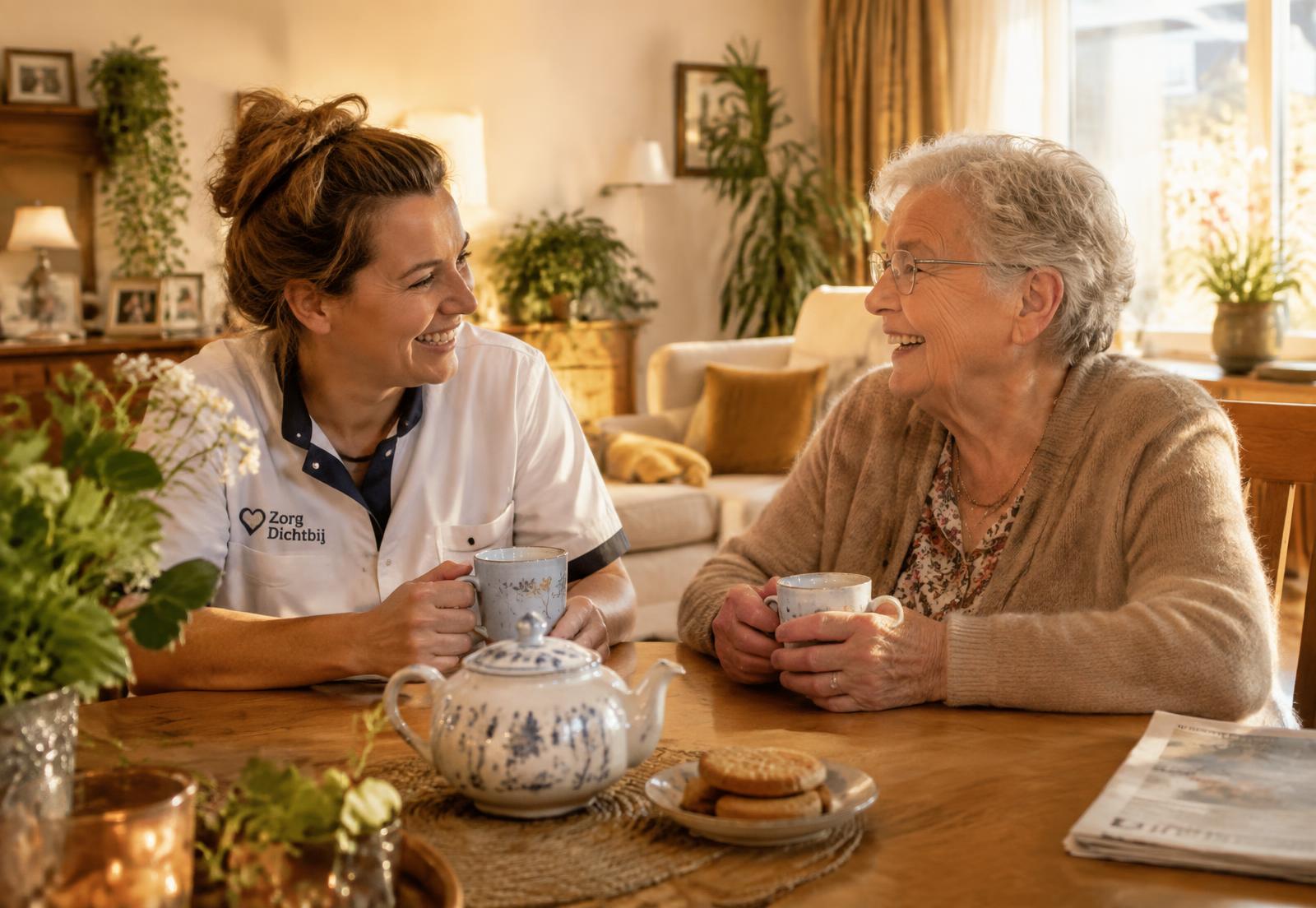 Een begeleider van Zorgspiraal drinkt thee met een oudere vrouw aan de keukentafel